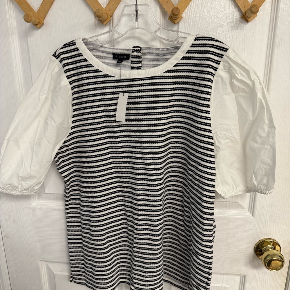 Talbots Black and White Striped Blouse NWT size L